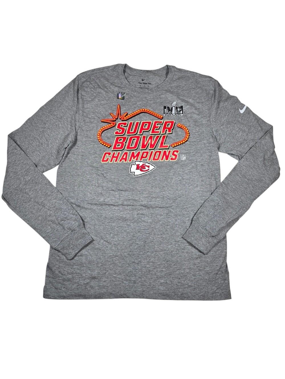 Nike NFL Mens Kansas City Chiefs Super Bowl LVIII Champions Gray L/S Shirt Sz M
